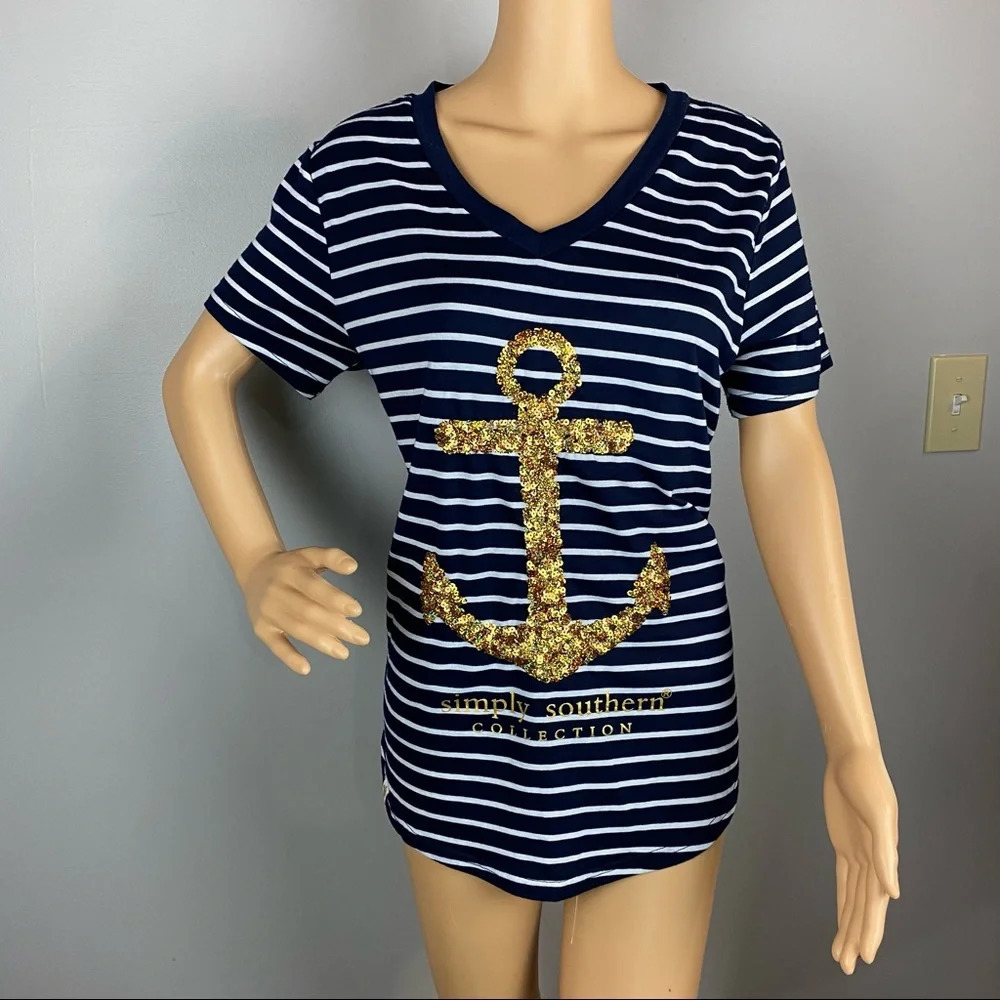Simply Southern Women's Large Navy Striped Gold Anchor T-Shirt Short Sleeve